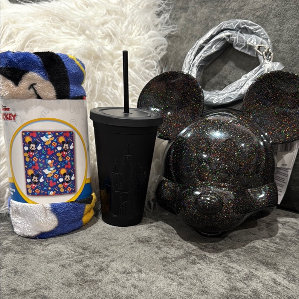 Loungefly Glitter Mickey Mouse Crossbody bag, Mickey Throw Blanket & Disney Cup